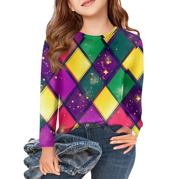 Abcomgle Mardi Gras Shirts for Kids Boys Carnival New Orleans Tshirts for Girls Crewneck Long Sleeve Tshirts for Kids Parade Funny Holiday Blouses for Girls,3-4Years,Purple Pink