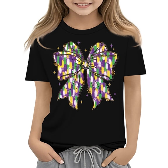 Abcomgle Mardi Gras T Shirts for Girls Carnival Purple Green Yellow Bow Shirts for Kids Girls Crewneck Short Sleeve T Shirts for Girls Spring Funny Parade Tee Top Girls