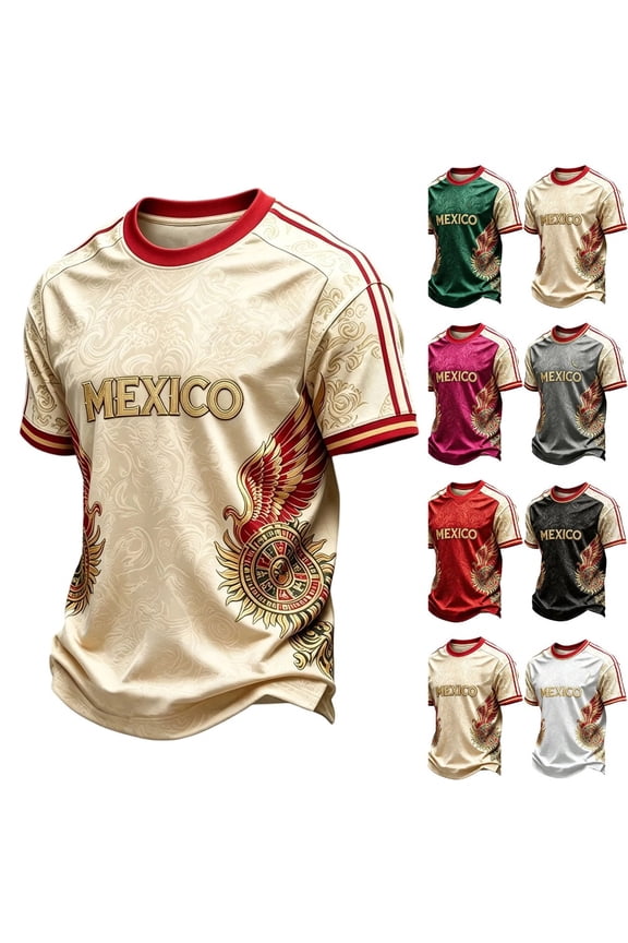 Mexico Soccer Jerseys Men Short Sleeve Crew Neck Funny Soccer Graphic 2026 Mexico Soccer Tops Black Gold Digital Print Mexican Supporter Stadium Top tees,Beige L