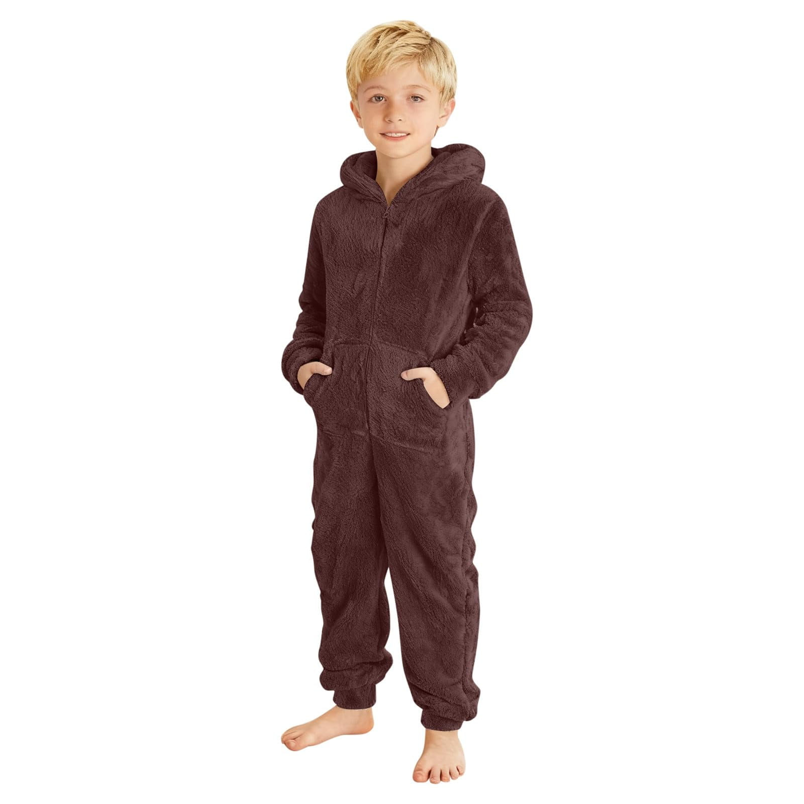 Abcomgle One Piece Pajamas for Girls 10-12 Fuzzy Hooded Onesies for Girls Cute Zip Up One Piece Jumpsuits with Pockets Furry Sherpa Fleece Onesie Rompers Girls Winter Warm Onesie Pajamas for Kids