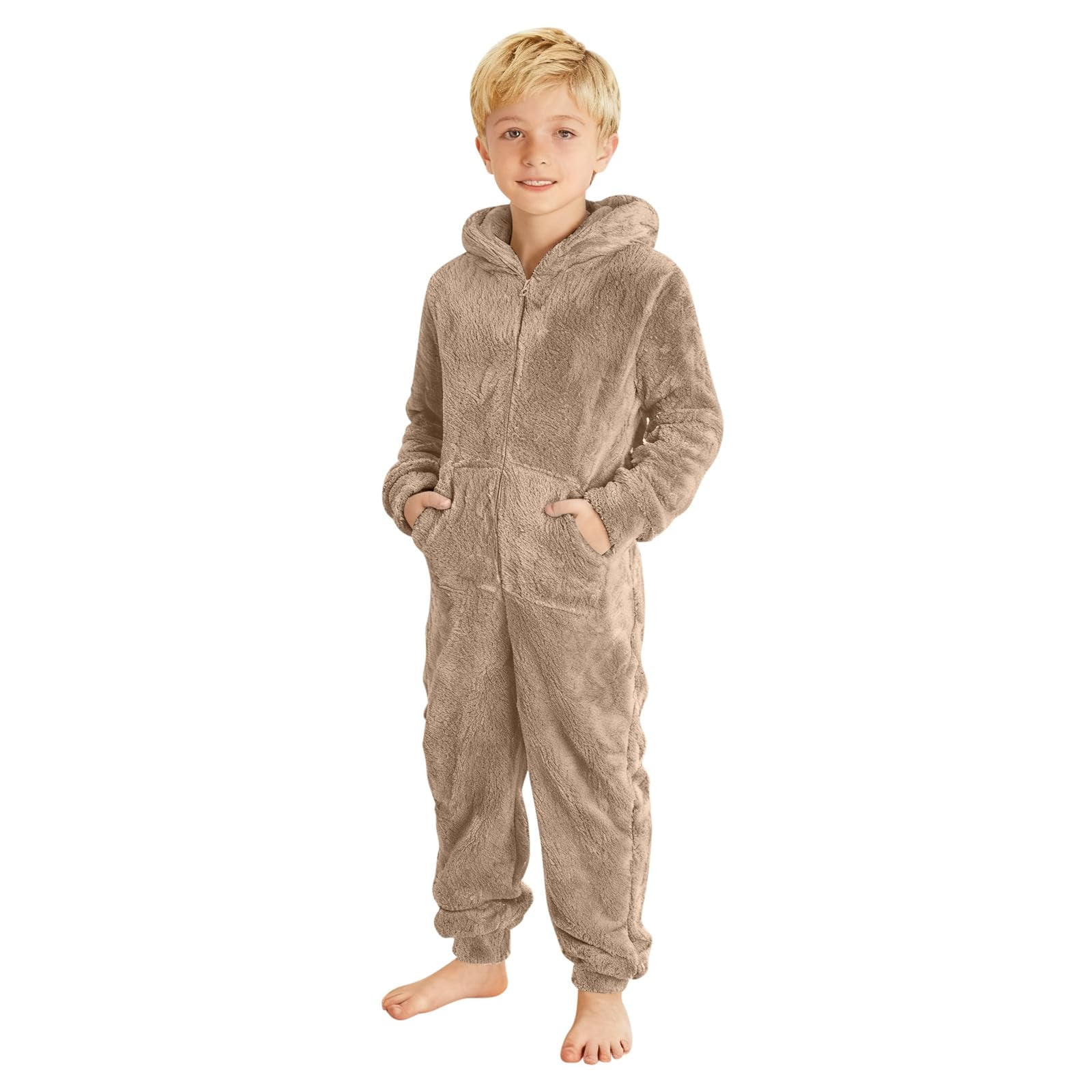 Abcomgle Onesie Pajamas Girls 10/12 Fuzzy Hooded Kids Onesie Cute Zip Up One Piece Jumpsuits with Pockets Furry Sherpa Fleece Onesie Rompers Girls Winter Warm Onesie Pajamas for Boys