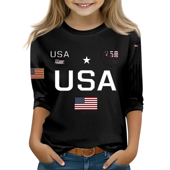 Abcomgle Patriotic Shirts for Girls Kids 4th Of July USA Flag Print Shirts Crew Neck 3/4 Sleeve T-Shirt Funny Independent Day T Shirt,Black,12-13Years