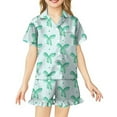 thumbnail image 1 of Abcomgle Pjs for Girls 14-16 Bownot Print Pajama Set for Girls Silk Button Down Short Sleeve Tshirt and Ruffle Pajama Pants Girls Cute Summer Pajamas for Girls 6-7 Years,Green, 1 of 7