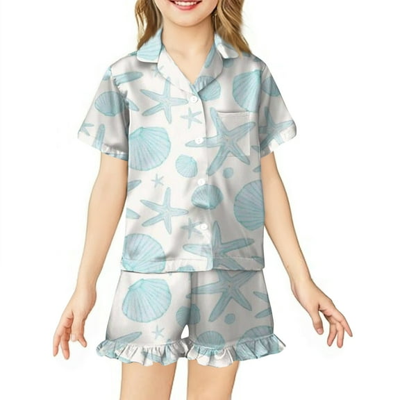 Abcomgle Pjs for Girls 14-16 Starfish & Shell Graphic Girls Pajama Sets Silk Button Down Short Sleeve Tee with Ruffle Pajama Pants for Girls 2 Pieces Summer Pajamas for Kids 4-5 Years,Blue