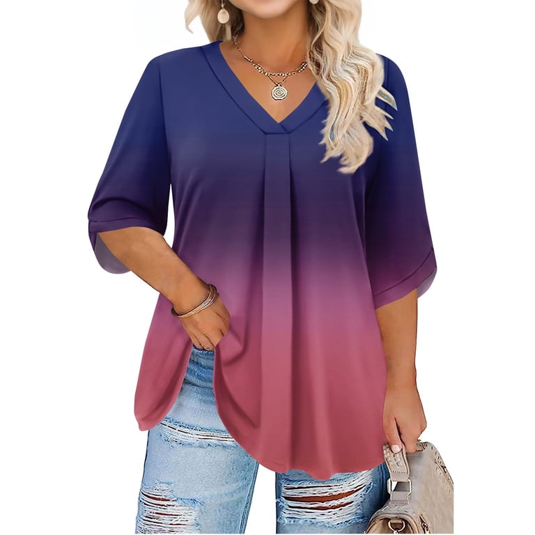 Abcomgle Plus Size Blouses for Women Cute Sexy Plus Size Tops Gradient  Print V Neck Women Plus Sizes 3/4 Sleeve Blouse Pleat Hem Casual Tee Shirts  Loose Fit Clothes for Women 4XL,Dark