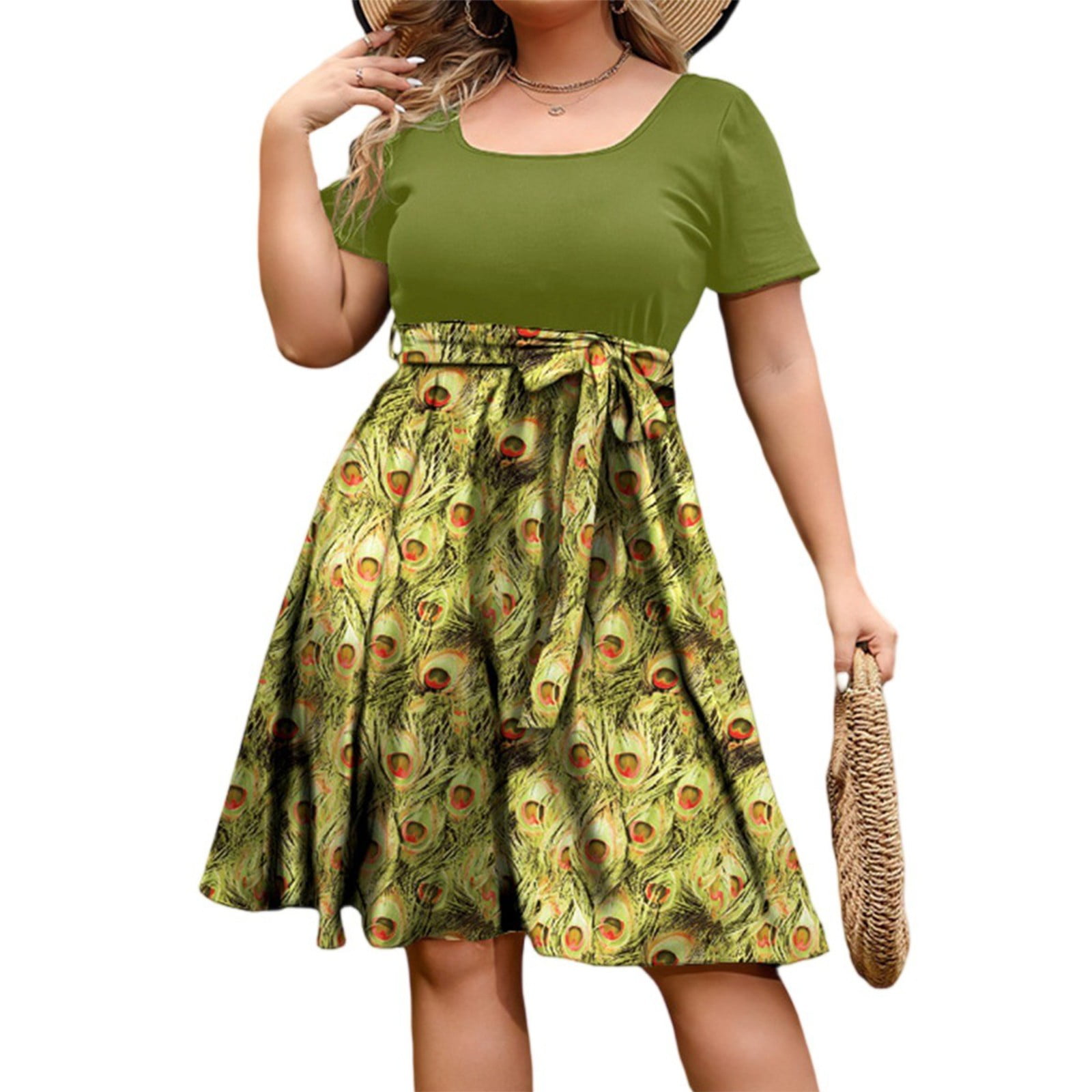 Plus Size Bohemian Print Belted Midi Dress