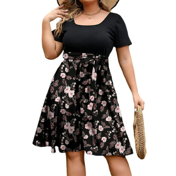 Abcomgle Plus Size Floral Dress for Women Casual Empire Waist Belted Cocktail Dresses Flowy Floral Print A Line Dresses Short Sleeve Square Neck Elegant Church Dresses for Women 2025,4XL