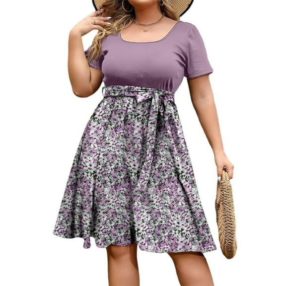 Abcomgle Plus Size Floral Dress for Women Casual Empire Waist Straped Tshirt Dress for Women Pleated Floral Print A Line Dresses Short Sleeve Square Neck Elegant Church Dresses for Women 2025,XL