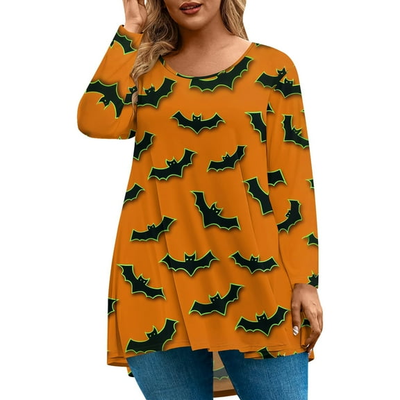 Abcomgle Plus Size Halloween Shirts for Women 3x Cute Bat Graphic Shirts for Women Crewneck Long Sleeve Tee Top for Women Holiday Casual Halloween Graphic Tees Women,4XL