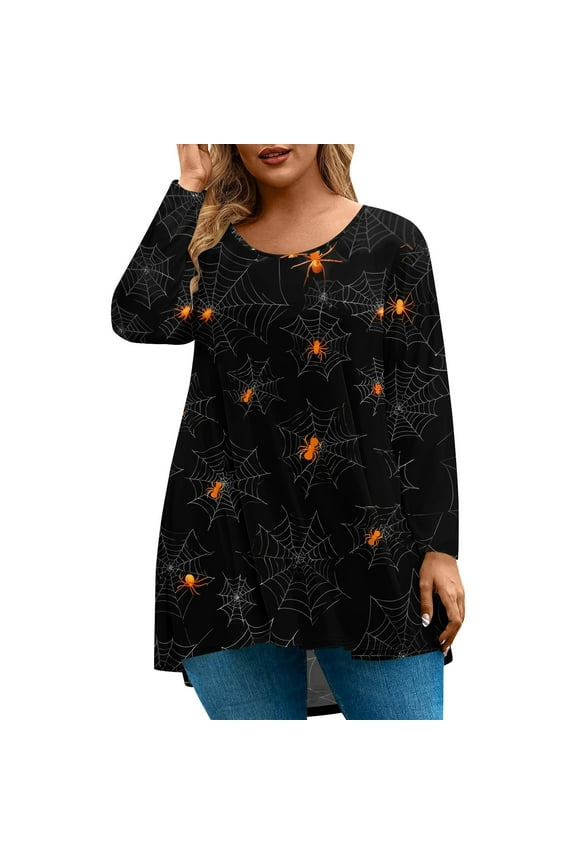 Plus Size Halloween Shirts for Women 3x Cute Spider Web Graphic Shirts for Women Oversized Crewneck Long Sleeve Tunic Top for Women Fall Trendy Womens Tee Shirts,3XL