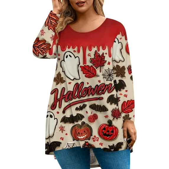Abcomgle Plus Size Halloween Shirts for Women 3x Funny 3D Pumpkin Graphic T Shirts for Women Crewneck Long Sleeve Tee Shirts for Women Fall Trendy Womens Shirts,2XL