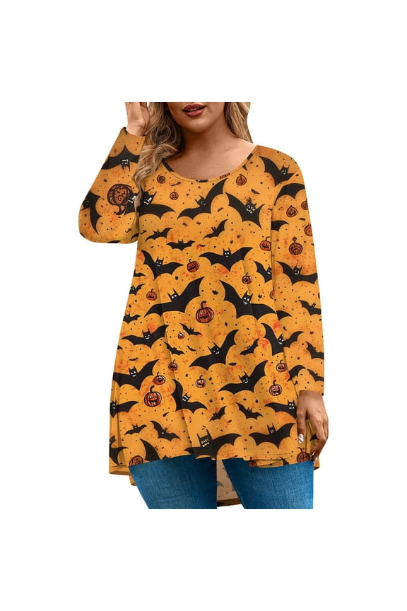 Plus Size Halloween Shirts for Women Funny Pumpkin Bat Graphic Shirts for Women Crewneck Long Sleeve Plus Size Womens Clothing Holiday Fashion Womens Tunic Tops,3XL
