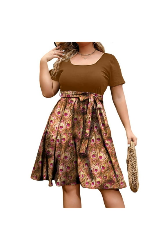 Plus Size Summer Dress for Women Casual Empire Waist Belted Cocktail Dresses Flowy Peacock Feathers Print A Line Dresses Short Sleeve Square Neck Elegant Semi Formal Outfits for Women,4XL
