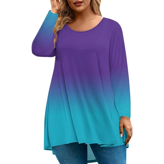 Abcomgle Plus Size T Shirts for Women Curved Hem Sexy Shirt Crew Neck Long Sleeve Tie Dye Print Blouses 4x-5x Tunic Tops,L