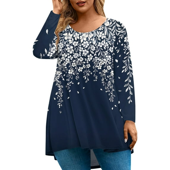 Abcomgle Plus Size T Shirts for Women Curved Hem Sexy Shirt Long Sleeve Crew Neck Vintage Floral Print Graphic T-Shirt 4x-5x Trendy Tunics,5XL