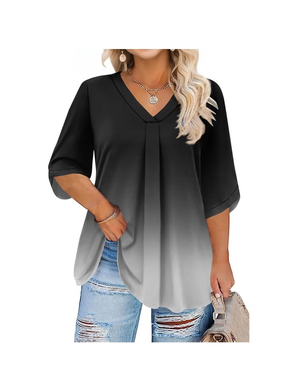 Plus Size T Shirts for Women Loose Cute Tops V Neck 3/4 Sleeve Gradient Print Blouses 4x-5x Tunics Blouses 2XL,Black