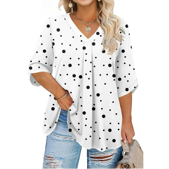Abcomgle Plus Size T Shirts for Women Loose Fit Cute Tunic V Neck 3/4 Sleeve Polka Dot Print Blouses Summer Casual Tunics Blouses 2XL,White