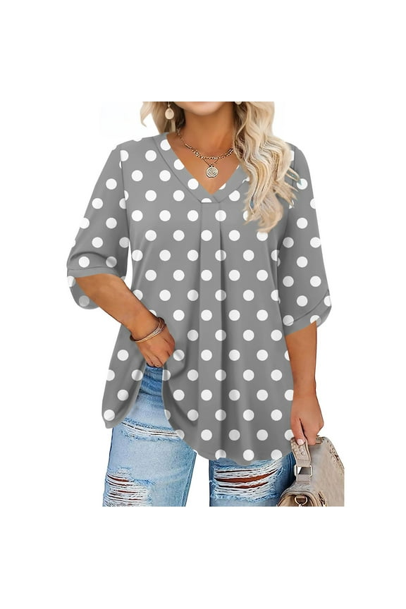 Plus Size T Shirts for Women Loose Fit Going Out Tunic 3/4 Sleeve V Neck Polka Dot Print Blouses Summer Tunic Tops 3XL,Gray