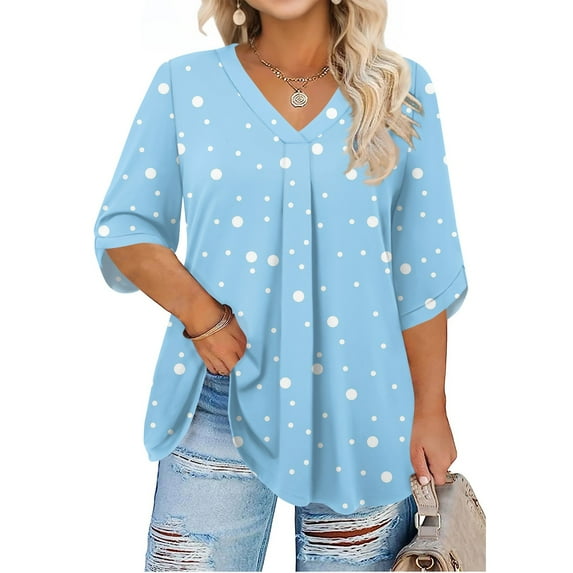 Abcomgle Plus Size Tops for Women Clearance Plus Size Sexy Tops V Neck Womens Plus Size Tops 3/4 Sleeve Pleat Hem Casual Polka Dot Graphic Tees Women Loose Fit Clothes 2XL,Light Blue