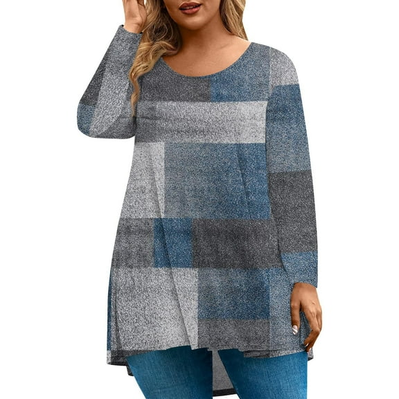 Abcomgle Plus Size Tops for Women Fashion Sexy Plus Size Tops Striped Colorblock Print Crew Neck Long Sleeve T Shirts Curvy Women Dressy Casual Tshirt Curved Hem Summer Outfits,5XL