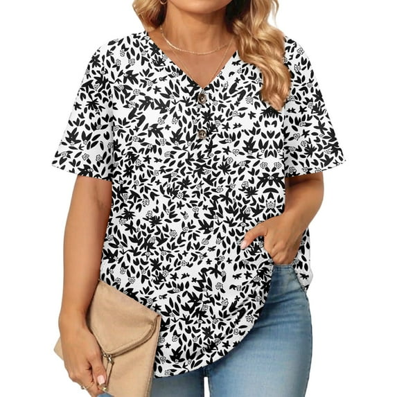 Abcomgle Plus Size Tops for Women Fashion Vintage Floral Womens Tops V Neck Button Down Short Sleeve Tunic Womens Tops Plus Size Dressy Casual Graphic Tees Plus Size Womens Clothes,Gray 4XL