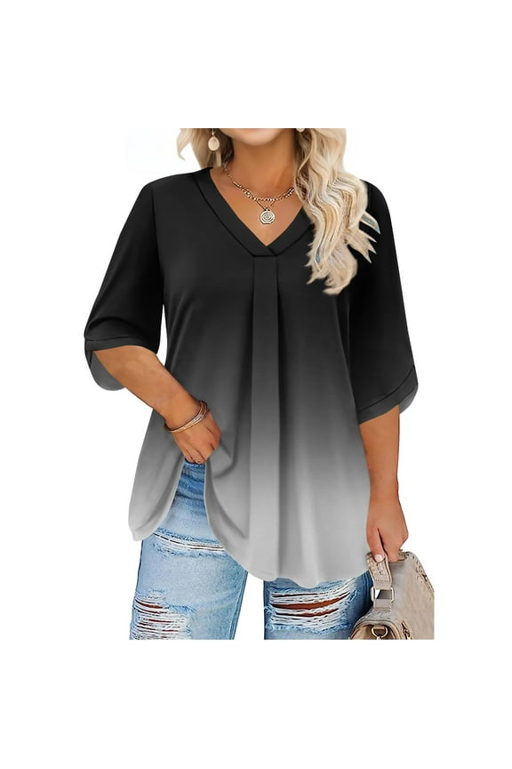 Plus Size Tops for Women Pleat Hem Summer Sexy Plus Size Tops 3lx V Neck Womens Plus Tops 3/4 Sleeve Gradient Print Casual Blouses Loose Fit Womens Clothing 5XL,Black