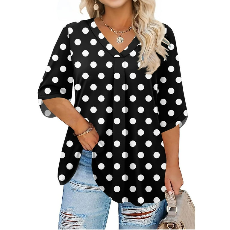 Abcomgle Plus Size Tops for Women Summer Plus Polka Dot Top V Neck
