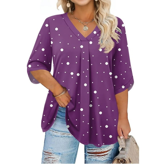 Abcomgle Plus Size Tops for Women 3/4 Sleeve Summer Tunics Polka Dot Print Blouses V Neck T Shirts Pleat Hem Casual Trendy Tunics S,Purple