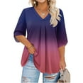 thumbnail image 1 of Abcomgle Plus Size Tops for Women 4x-5x Trendy 3/4 Sleeve Blouses Gradient Print V Neck T Shirts Pleat Hem Casual Trendy Tunics 5XL,Dark Purple, 1 of 5