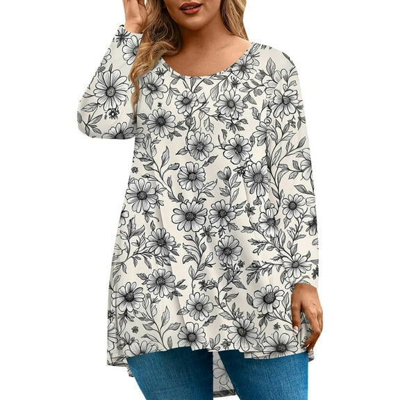 Abcomgle Plus Size Tops for Women Summer Casual Going Out Tunics Long Sleeve Crew Neck Vintage Floral Print Graphic T-Shirt Summer Trendy Tunics,XL