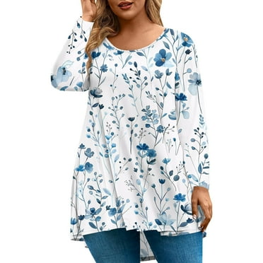 Abcomgle Plus Size Tops for Women Summer Casual Sexy Tees Shirt Long Sleeve Round Neck Vintage Floral Print Graphic T-Shirt 4x-5x Tunic Tops,2XL