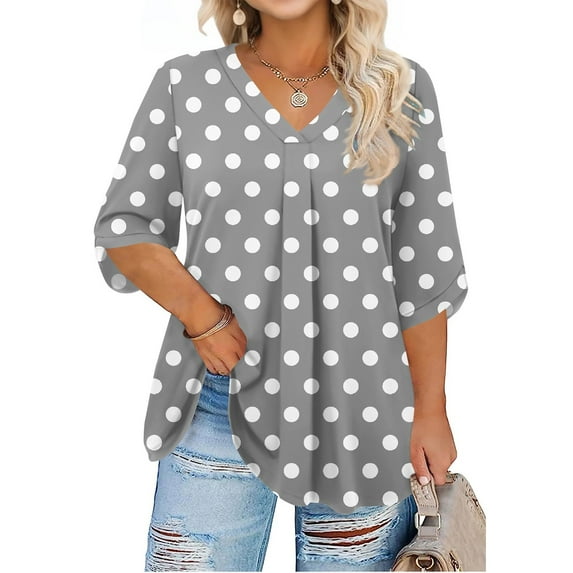 Abcomgle Plus Size Tunic Tops for Women 4x-5x Summer Tunic Tops V Neck 3/4 Sleeve T Shirts Curvy Women Polka Dot Print Pleat Hem Casual Blouses Women Loose Fit Clothes M,Gray