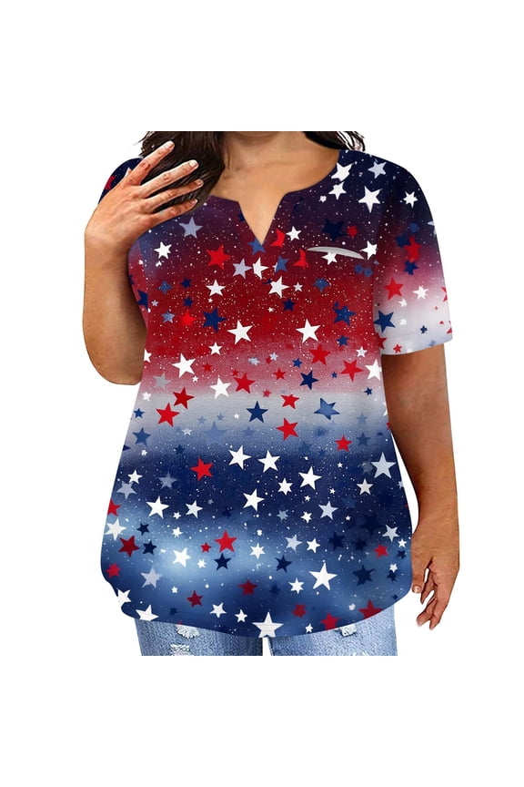 Plus Size Women American Stars Shirt American Flag Graphic Patriotic Tunic Tops Trendy V-Neck Short Sleeve Shirt Curvy Women Independent Day Clothes for Women,Blue 5XL