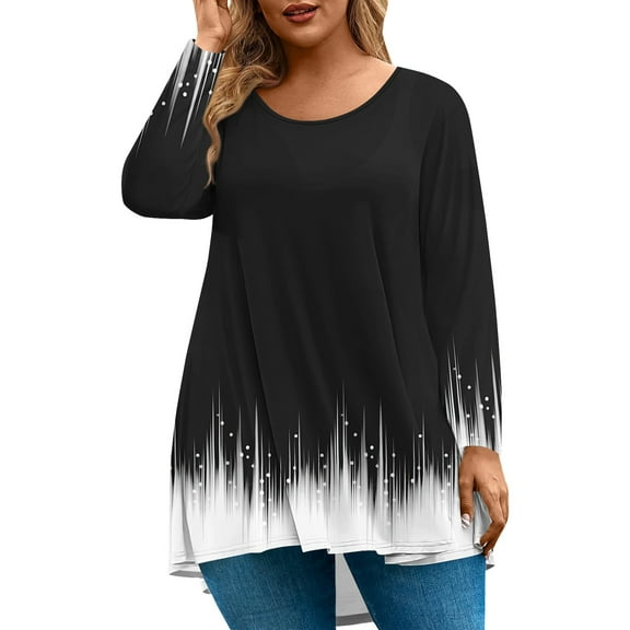 Abcomgle Plus Size Womens Tops 4x-5x Trendy Crew Neck Tunic Shirts Striped Colorblock Print T-Shirt Long Sleeve Tunic Tops Curved Hem Casual Summer Clothes,3XL