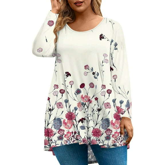Abcomgle Plus Size Womens Tops Fashion Plus Size Sexy Tops Crew Neck Plus Size Top 2x Long Sleeves Floral Print Print Dressy Casual Tee Shirts Curved Hem Womens Clothing,5XL