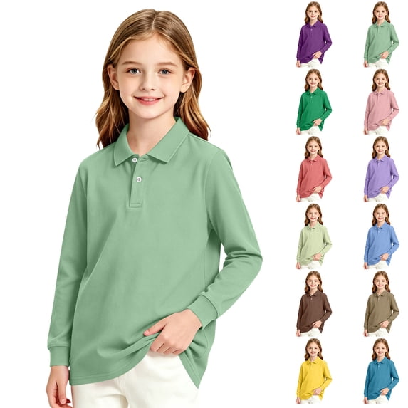 Abcomgle School Uniform for Girls Long Sleeve Pique Polo Shirt with Collar Button Down Girls Polo Shirts Moisture-Wicking Comfort Girls Blouse