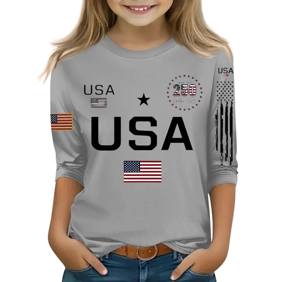 Abcomgle Shirts for Girls Kids 3/4 Sleeve Patriotic T Shirt 4th Of July Tops Crew Neck USA Flag Graphic T-Shirt Independent Day Shirts,Gray,12-13Years