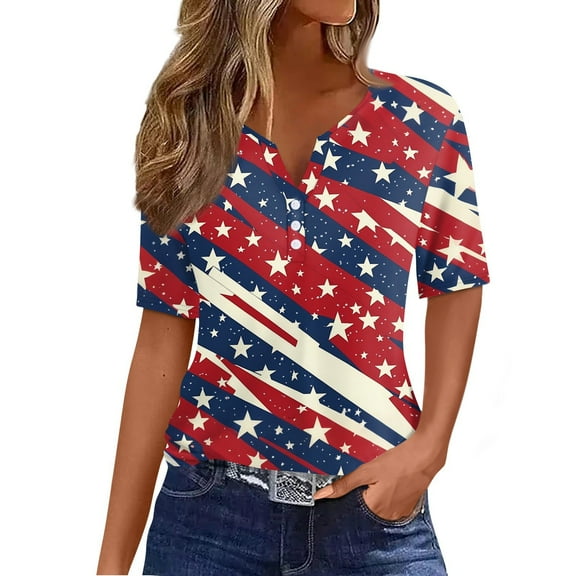 Abcomgle Shirts for Women 4th Of July Patriotic Shirts Short Sleeve Henley V-Neck Shirts American Flag Print Independent Day Tshirt,Watermelon Red XL