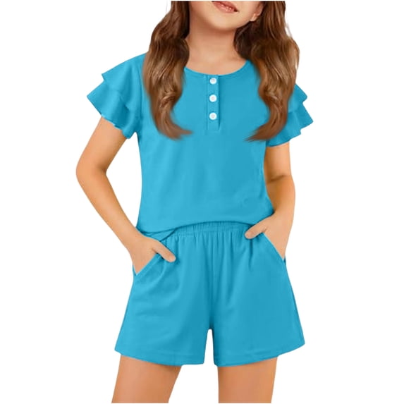 Abcomgle Short Sets for Girls 7-8 Girls 2 Piece Outfits Ruffle Sleeve Button Down Tshirts and Elastic Waist Shorts Cute Trendy Girls Outfits,Light Blue,5-6Years