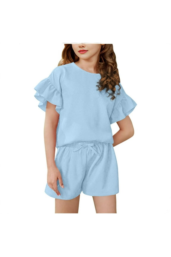Girls Summer Outfits 7-8 Ruffle Sleeve Shirts and Elastic Waist Shorts Cute Trendy Girls Outfits 6-7 Years,Blue
