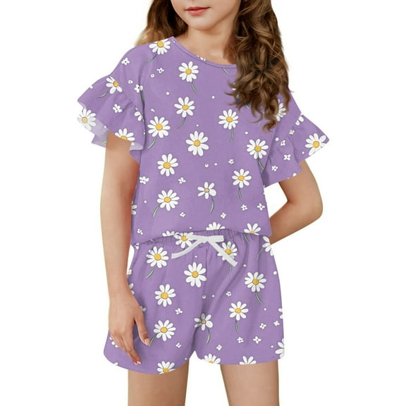 Abcomgle Short Sets for Girls 7-8 Girls Two Piece Outfits Gradient Ruffle Sleeve Tee Top and Elastic Waist Shorts Cute Casual Girls Summer Outfits 6-7 Years,Light Purple