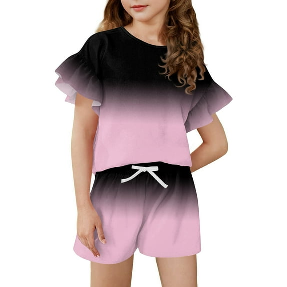 Abcomgle Short Sets for Girls 7-8 Girls Two Piece Outfits Polka Dot Ruffle Sleeve Shirts and Elastic Waist Shorts Cute Preppy Girls Short Sets 4-5 Years,Pink