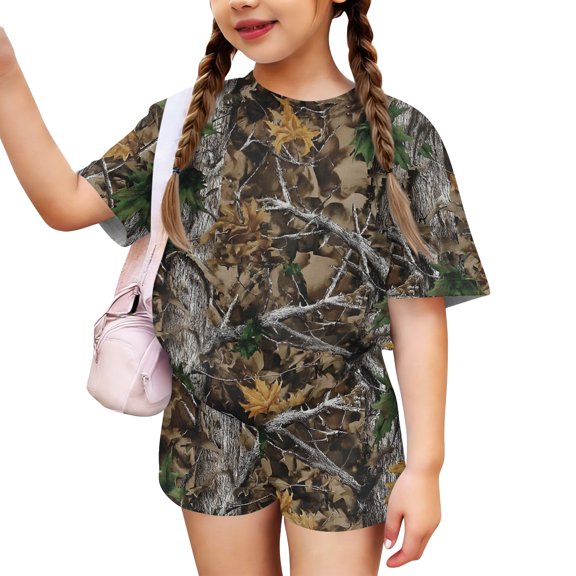 Abcomgle Short Sets for Girls 10-12 Girls Two Piece Outfits Camo Short Sleeve Tshirts and Elastic Waist Shorts Cute Trendy Girls Outfits