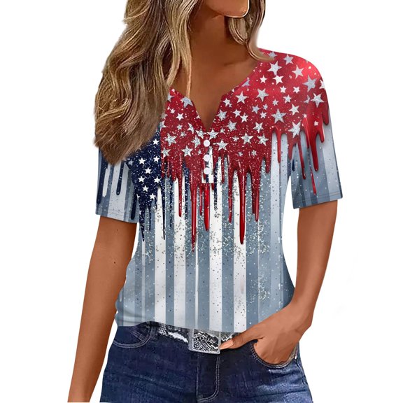 Abcomgle Short Sleeve Shirts for Women Short Sleeve Patriotic Tee Tops 4th Of July T-Shirt Button V Neck American Flag Print Tee Shirts Independent Day Tshirt,Light Gray L