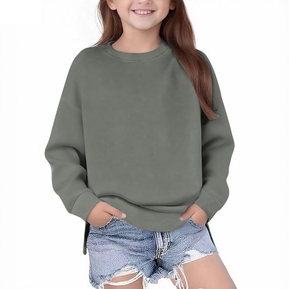 Abcomgle Side Split Sweatshirts for Girls 10-12 Side Split Solid Long Sleeve Pullover Sweatshirts for Girls Fleece Crewneck Shirt for Teen Girls Trendy Fall School Clothes for Teen Girls