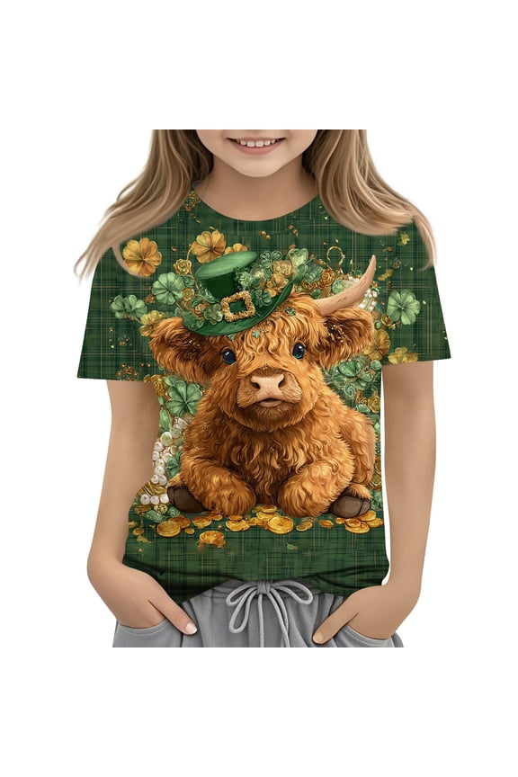 St. Patrick's Day Shirts for Girls Size 10-12 Lucky Highland Cow Print Shirts for Kids Crewneck Short Sleeve Tshirts for Kids Funny Irish Green Blouses for Girls,Green,11-12Years