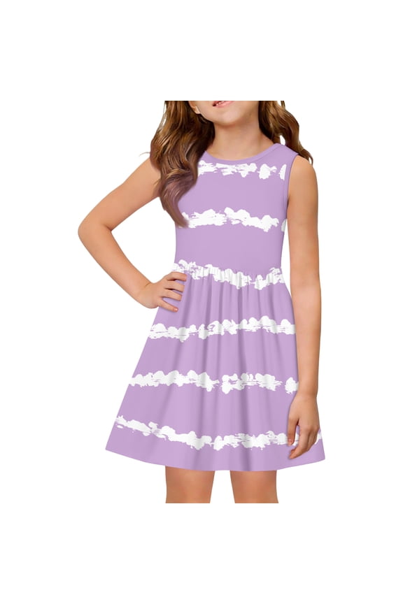 Striped Sundresses Dresses for Girls 10-12 Casual A-Line Sleeveless Midi Dress Cute Sundresses Beach Crew Neck Swing Dresses,Light Purple,5-6Years