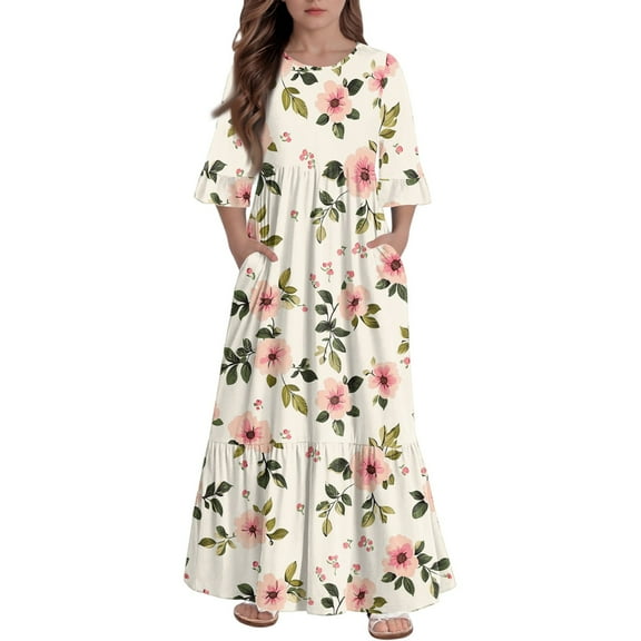Abcomgle Fall Dresses for Girls 10-12 Casual A-Line 3/4 Sleeve Girls Long Dresses Floral Print Crew Neck Sundresses Tiered Loose Dresses with Pockets,5-6 Years Beige