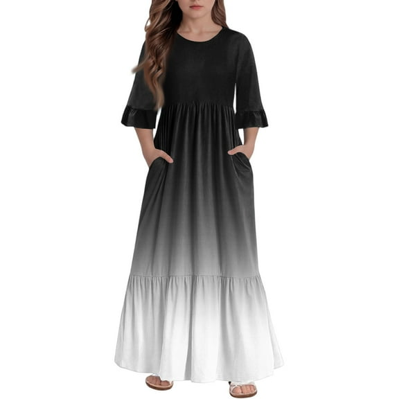 Abcomgle Summer Dress for Girls 10-12 Casual A-Line 3/4 Sleeve Girls Long Dresses Gradient Crew Neck Sundresses Summer Tiered Dresses with Pockets,13-14 Years Black