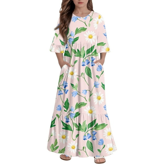 Abcomgle Fall Dresses for Girls 10-12 Casual A-Line 3/4 Sleeve Maxi Dress Daisy Flower Crew Neck Sundresses Tiered Dresses with Pockets,4-5 Years Light pink
